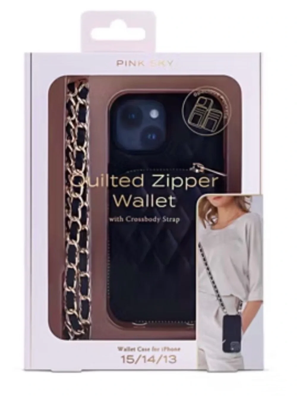 Quilted Black Crossbody Phone Case with Gold Chain Strap